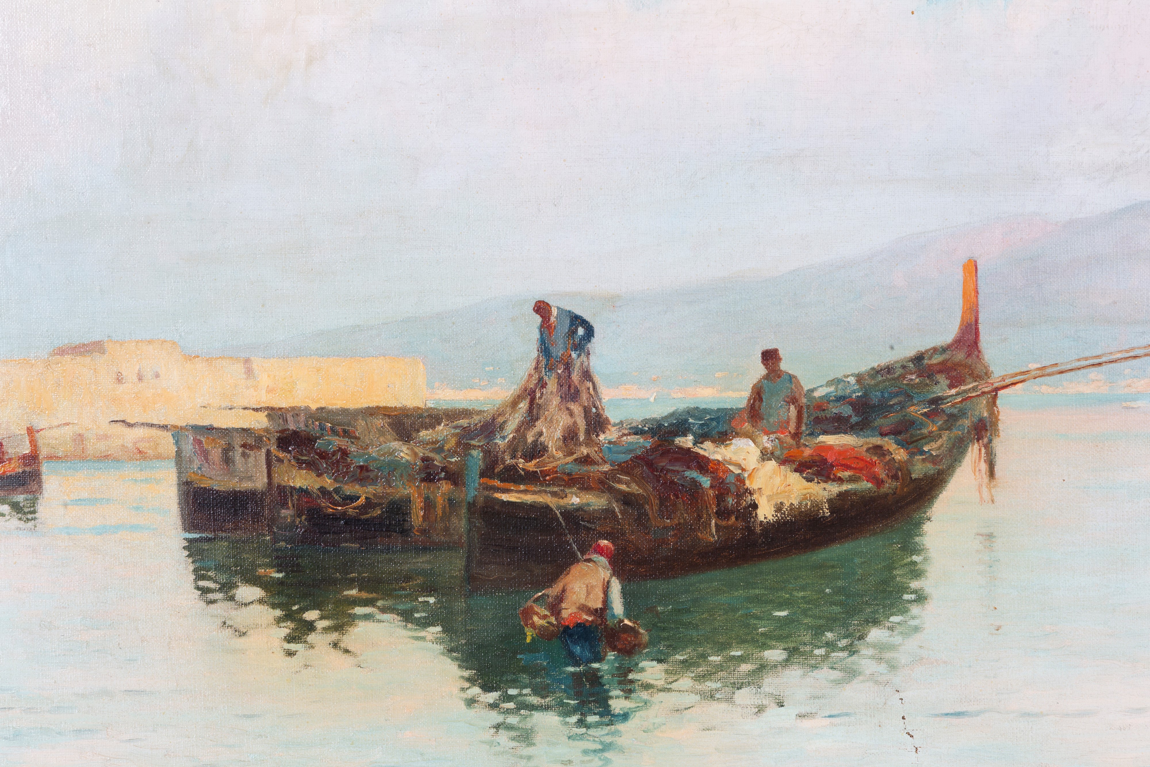 Erminio Kremp - Barche con pescatori, olio su tela