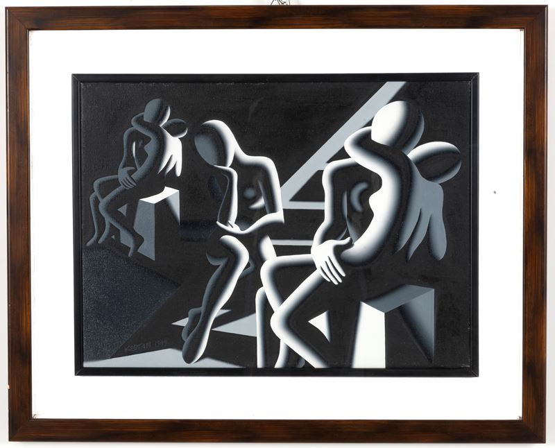 Mark Kostabi - THE LANGOUR OF LOVE MIDNIGHT, acrilico su tela