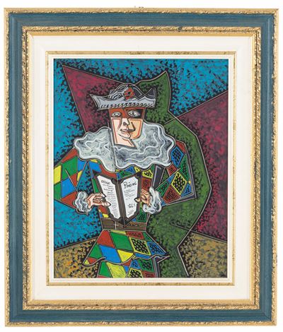 Arlecchino lettore, olio su cartone