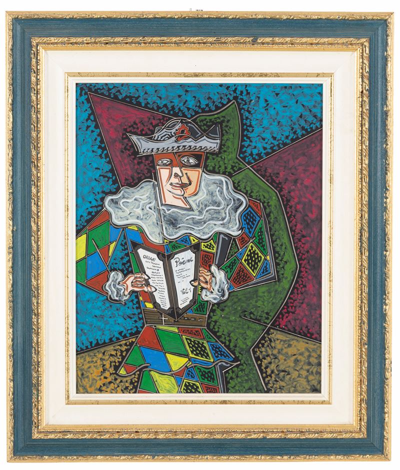 Pippo Oriani - Arlecchino lettore, olio su cartone