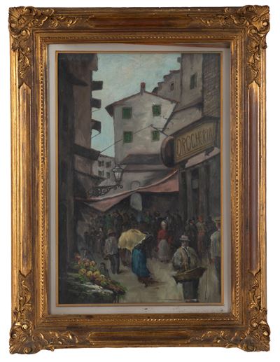 Anonimo, Scorcio di via con personaggi, olio su tavola