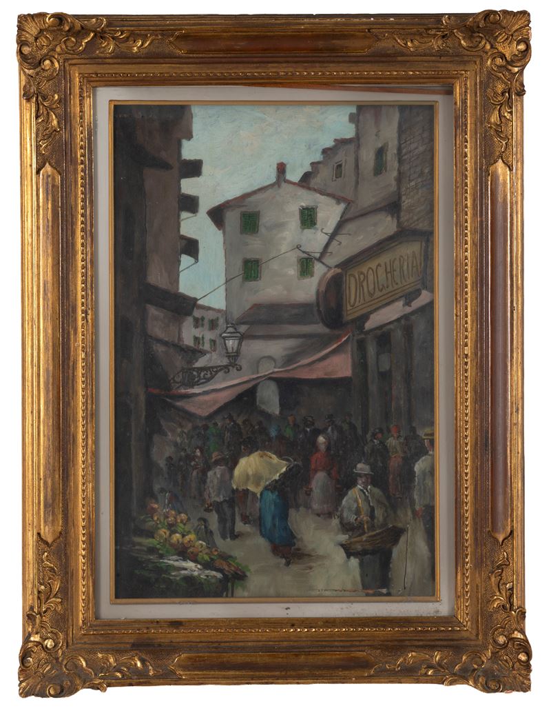 Anonimo, Scorcio di via con personaggi, olio su tavola