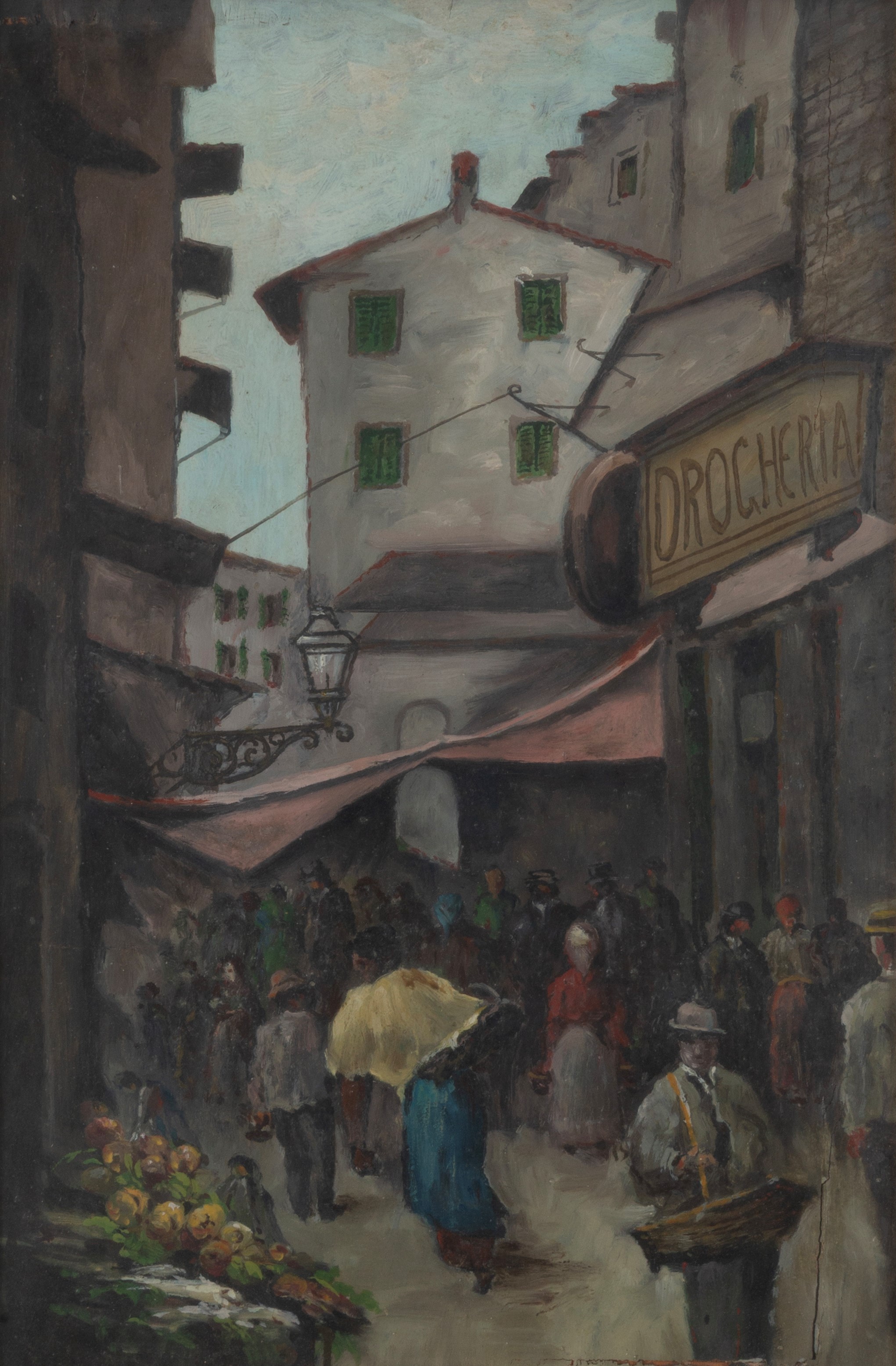 Anonimo, Scorcio di via con personaggi, olio su tavola