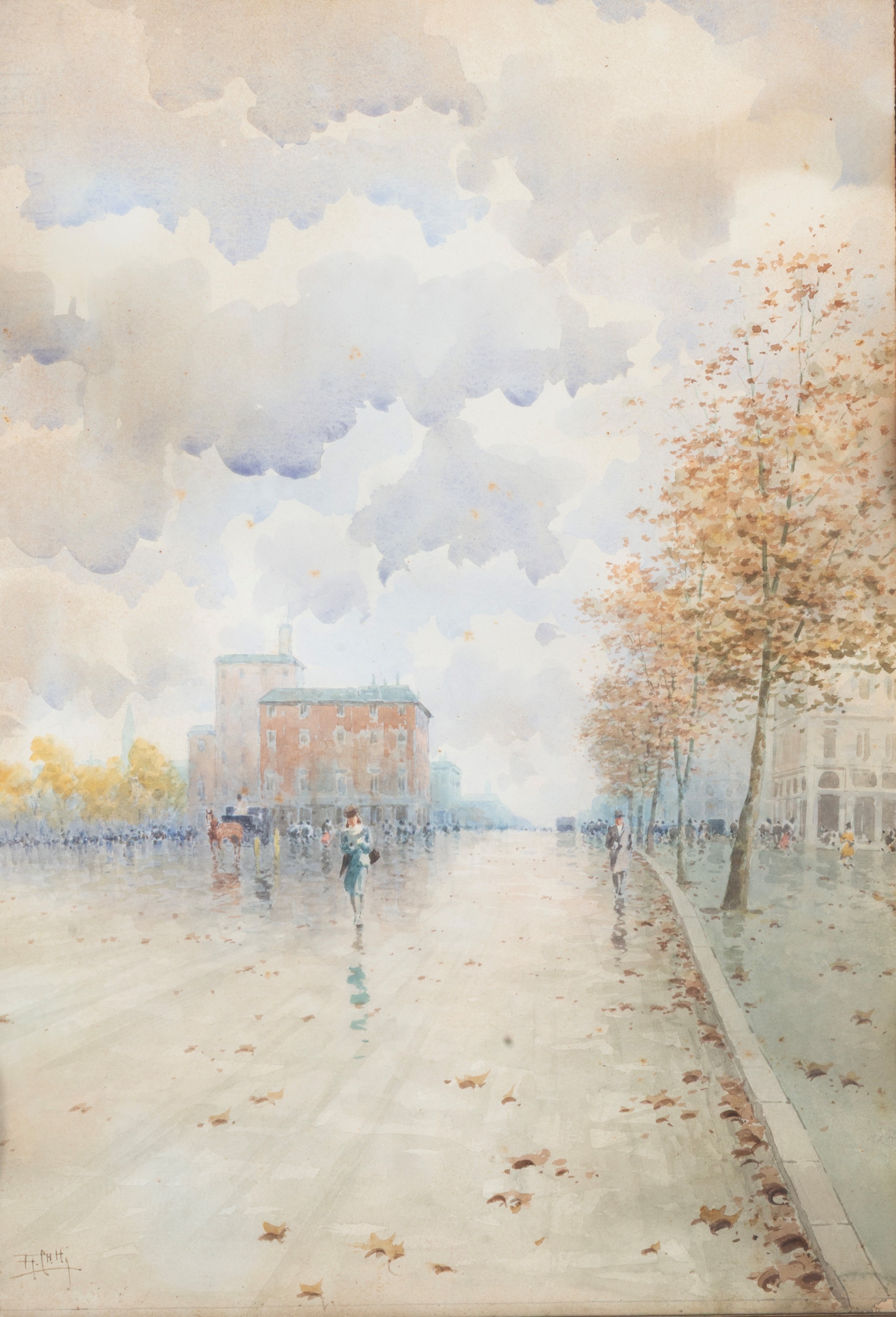 Aurelio Catti - Scorcio di viale con scena di vita cittadina, acquarello su carta