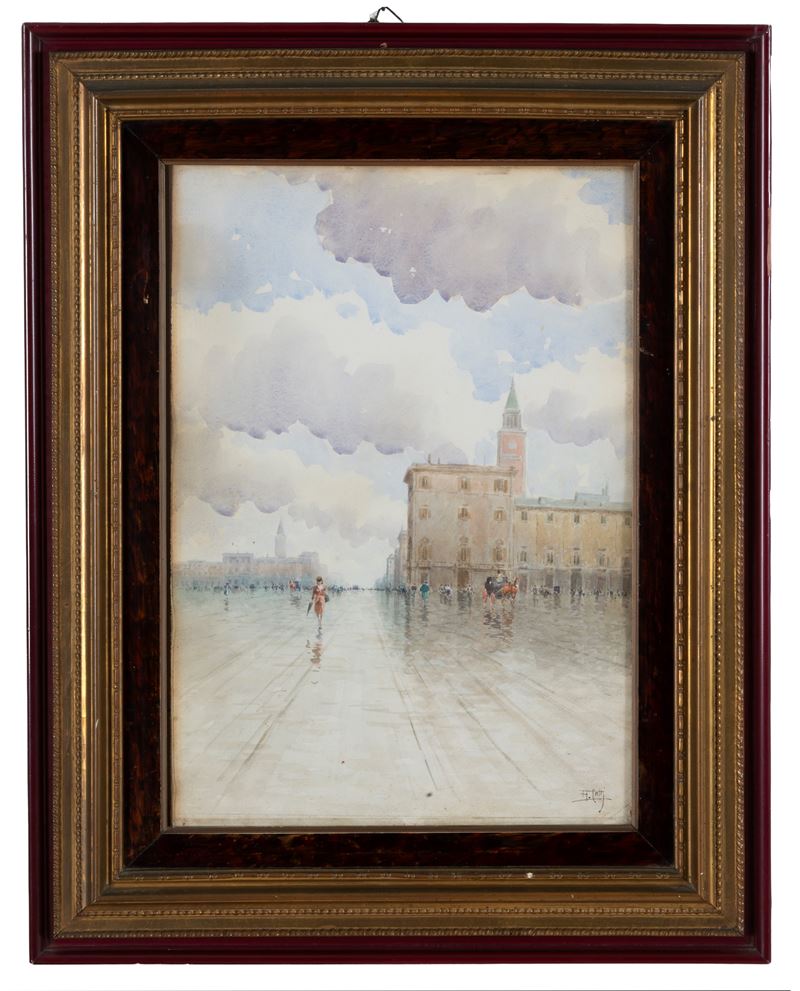 Aurelio Catti - Piazza con scena di vita cittadina, acquarello su carta