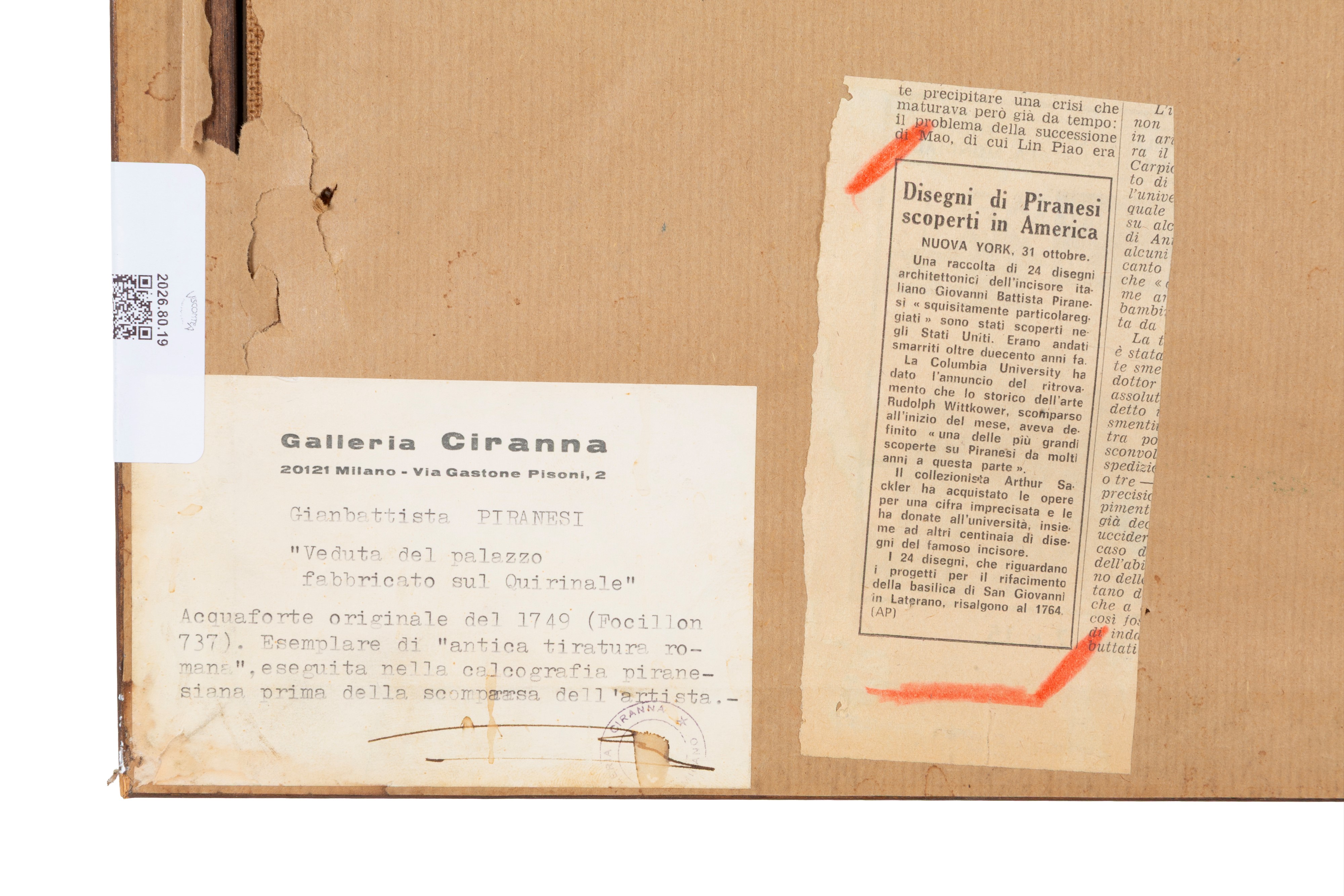 Acquaforte 'VEDUTA DI PALAZZO SUL QUIRINALE'