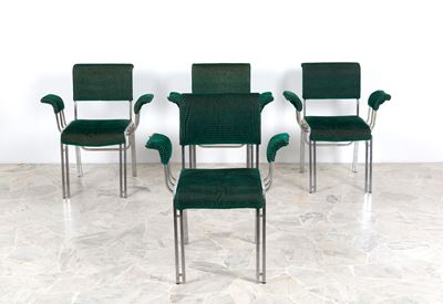 Sedie in acciaio con rivestimento in cotone, anni '70, set di quattro
