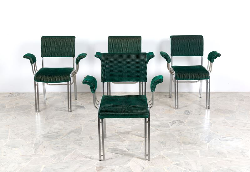 Sedie in acciaio con rivestimento in cotone, anni '70, set di quattro