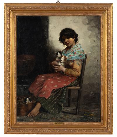 Fanciulla con gatti, olio su tela