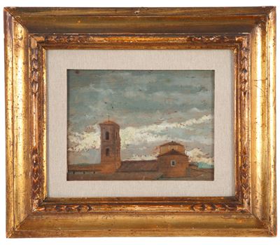 Scorcio di tetti con campanile, olio su tavoletta