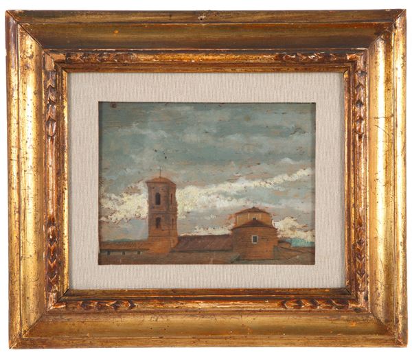 GIUSEPPE DE NITTIS - Painting "GLIMPSE OF ROOFS WITH A BELL TOWER"