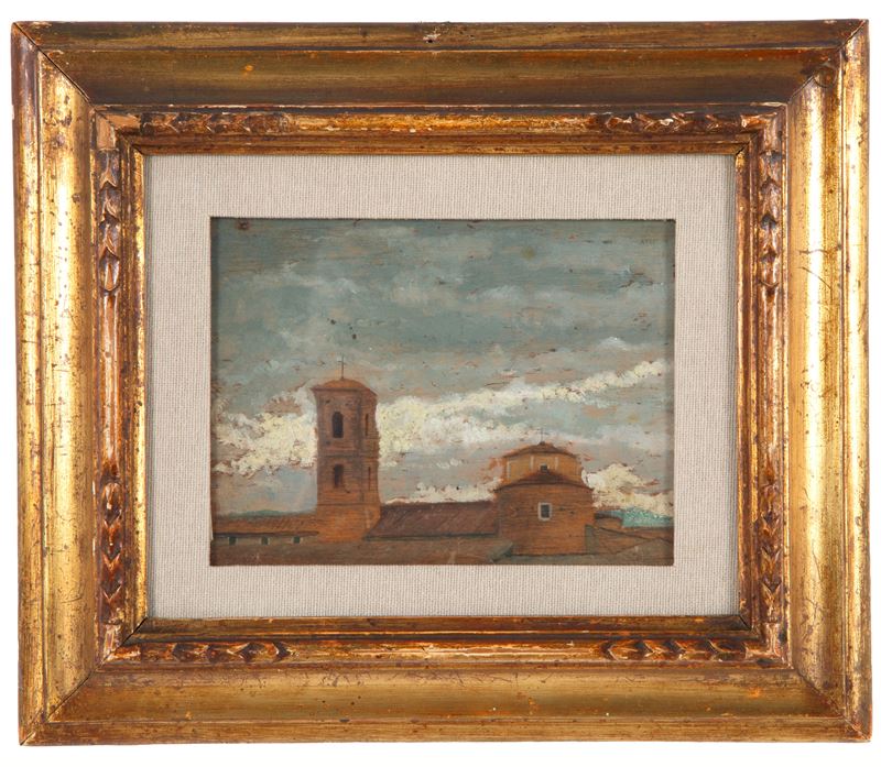 Giuseppe De Nittis - Scorcio di tetti con campanile, olio su tavoletta