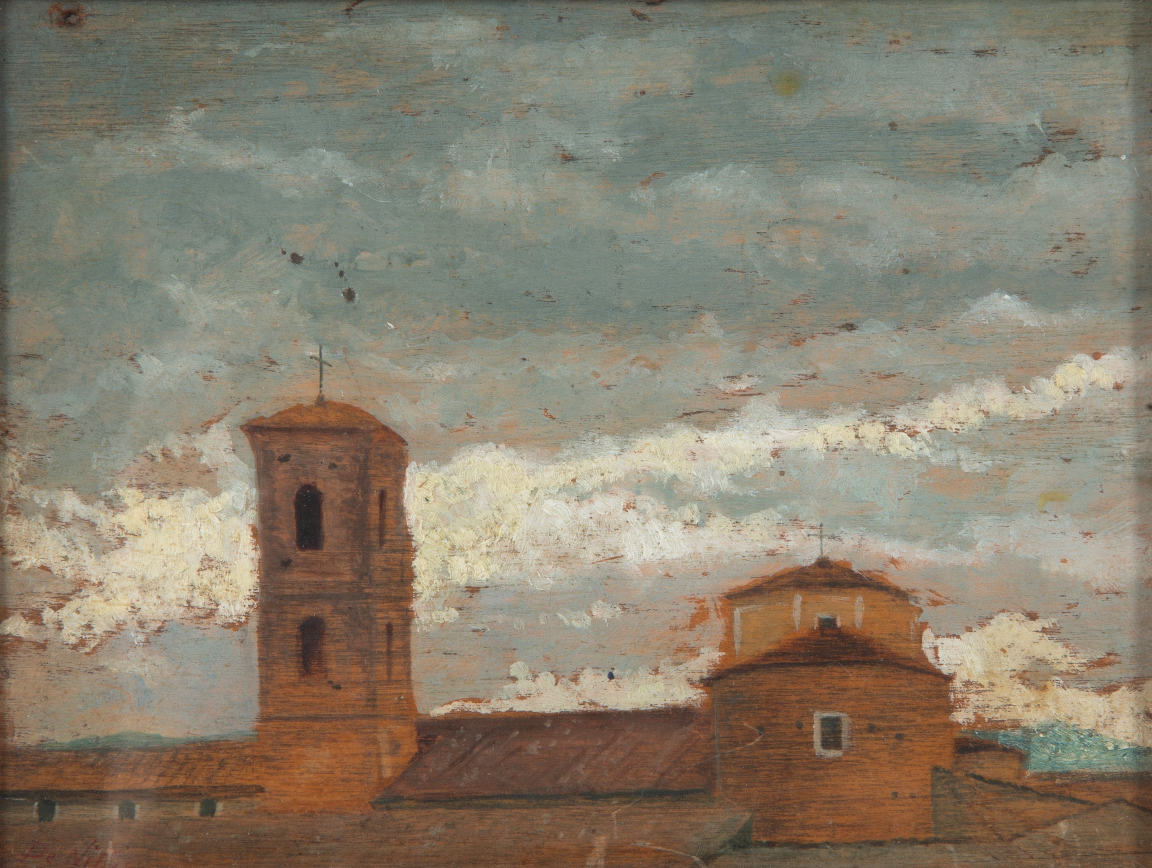 Giuseppe De Nittis - Scorcio di tetti con campanile, olio su tavoletta
