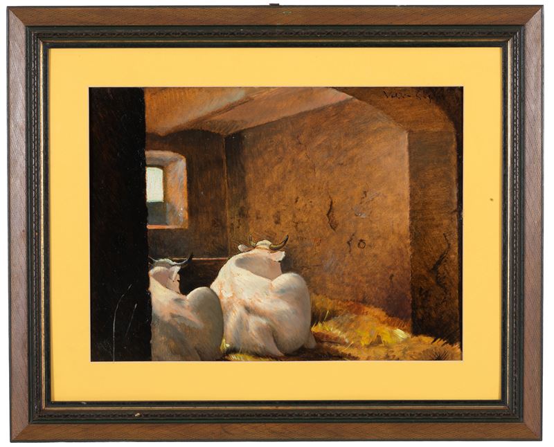 Valentino Ghiglia - Interno di Stalla, olio su cartoncino