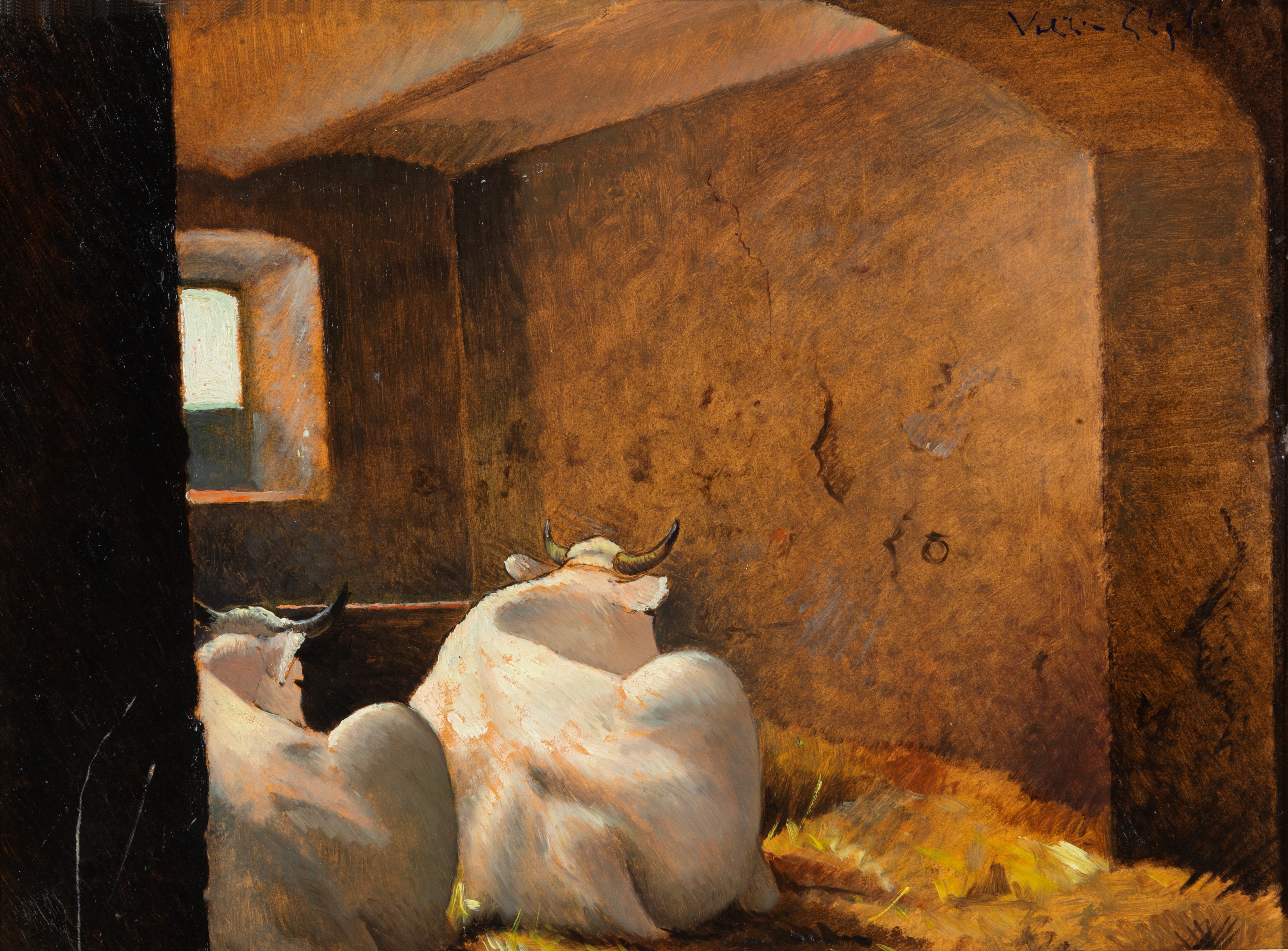 Valentino Ghiglia - Interno di Stalla, olio su cartoncino