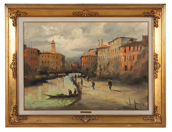 LUCIO CARGNEL - Painting "GLIMPSE OF A RIVER LANDSCAPE WITH FIGURES"