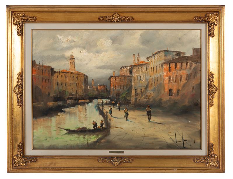 Lucio Cargnel - Scorcio di paesaggio fluviale con figure, olio su tela