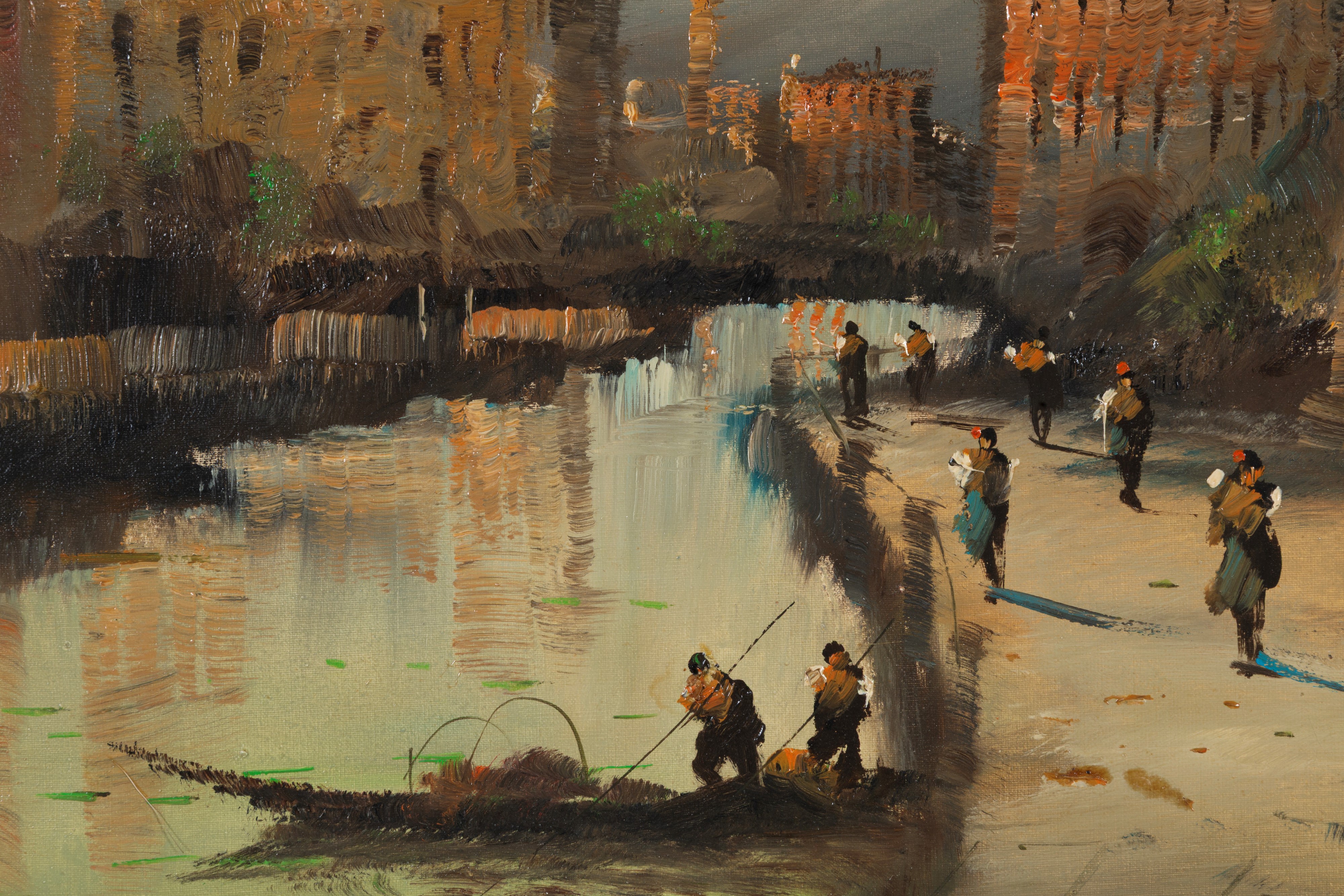 Lucio Cargnel - Scorcio di paesaggio fluviale con figure, olio su tela