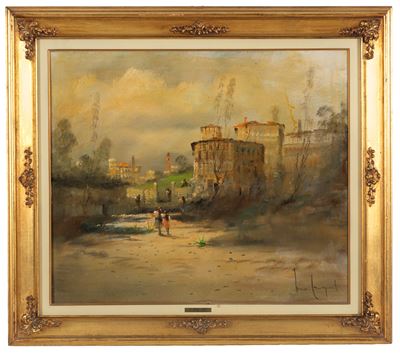Paesaggio con personaggi, olio su tela