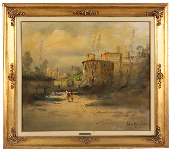 LUCIO CARGNEL - Painting "LANDSCAPE WITH CHARACTERS"