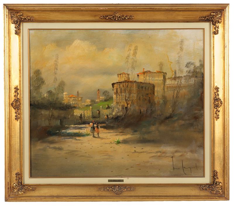 Lucio Cargnel - Paesaggio con personaggi, olio su tela