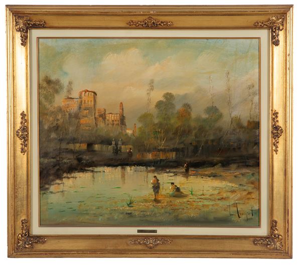 LUCIO CARGNEL - Painting "GLIMPSE OF A COUNTRY WITH CHARACTERS"