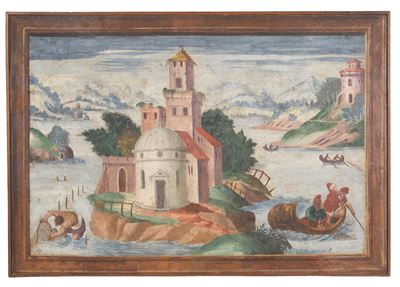 Autore sconosciuto, Isolette con chiesa e pescatori, tempera su tela