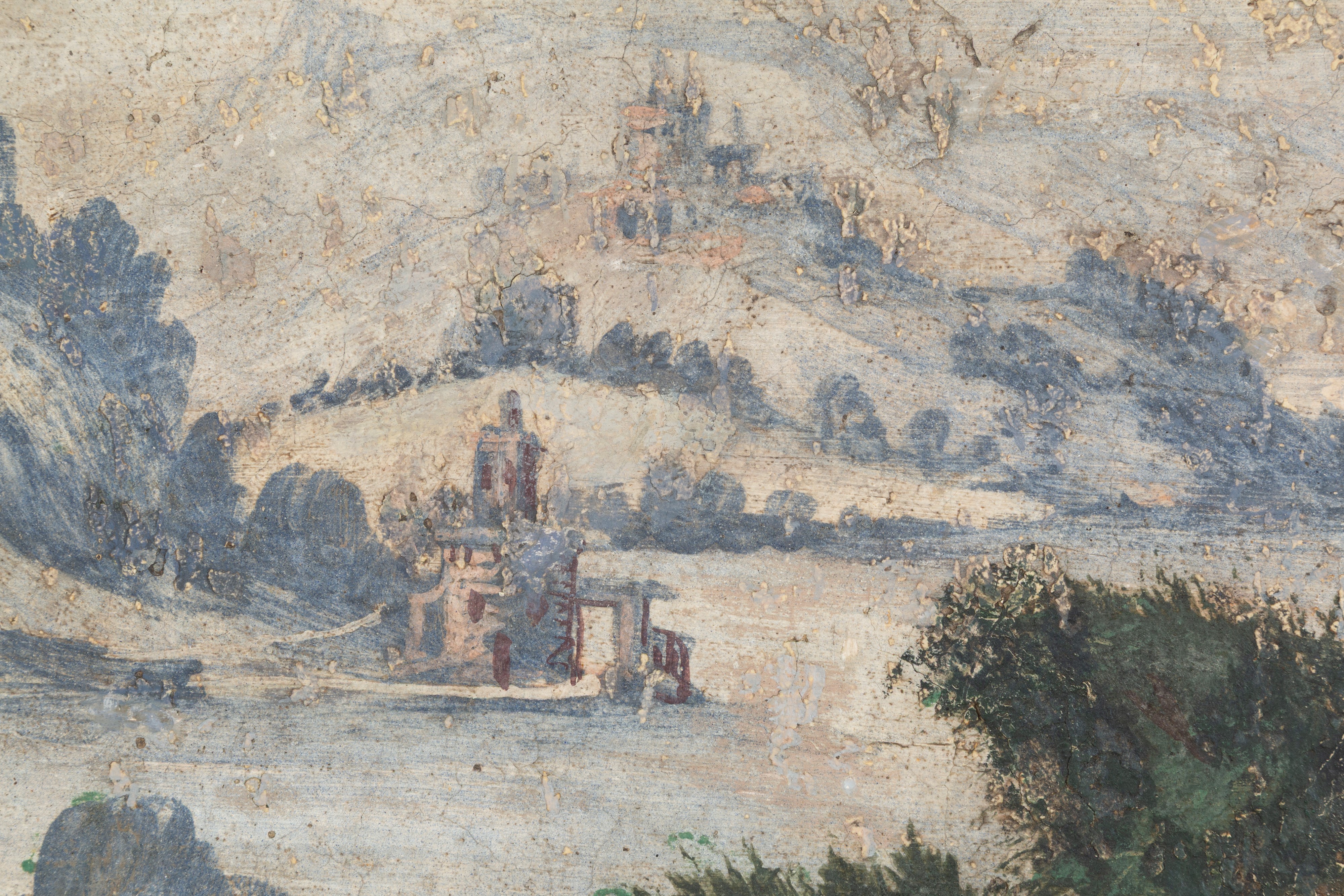 Autore sconosciuto, Isolette con chiesa e pescatori, tempera su tela