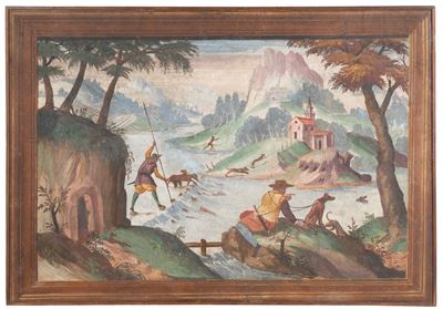 Autore sconosciuto, Paesaggio con cacciatori, tempera su tela