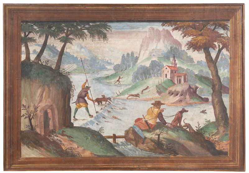Autore sconosciuto, Paesaggio con cacciatori, tempera su tela