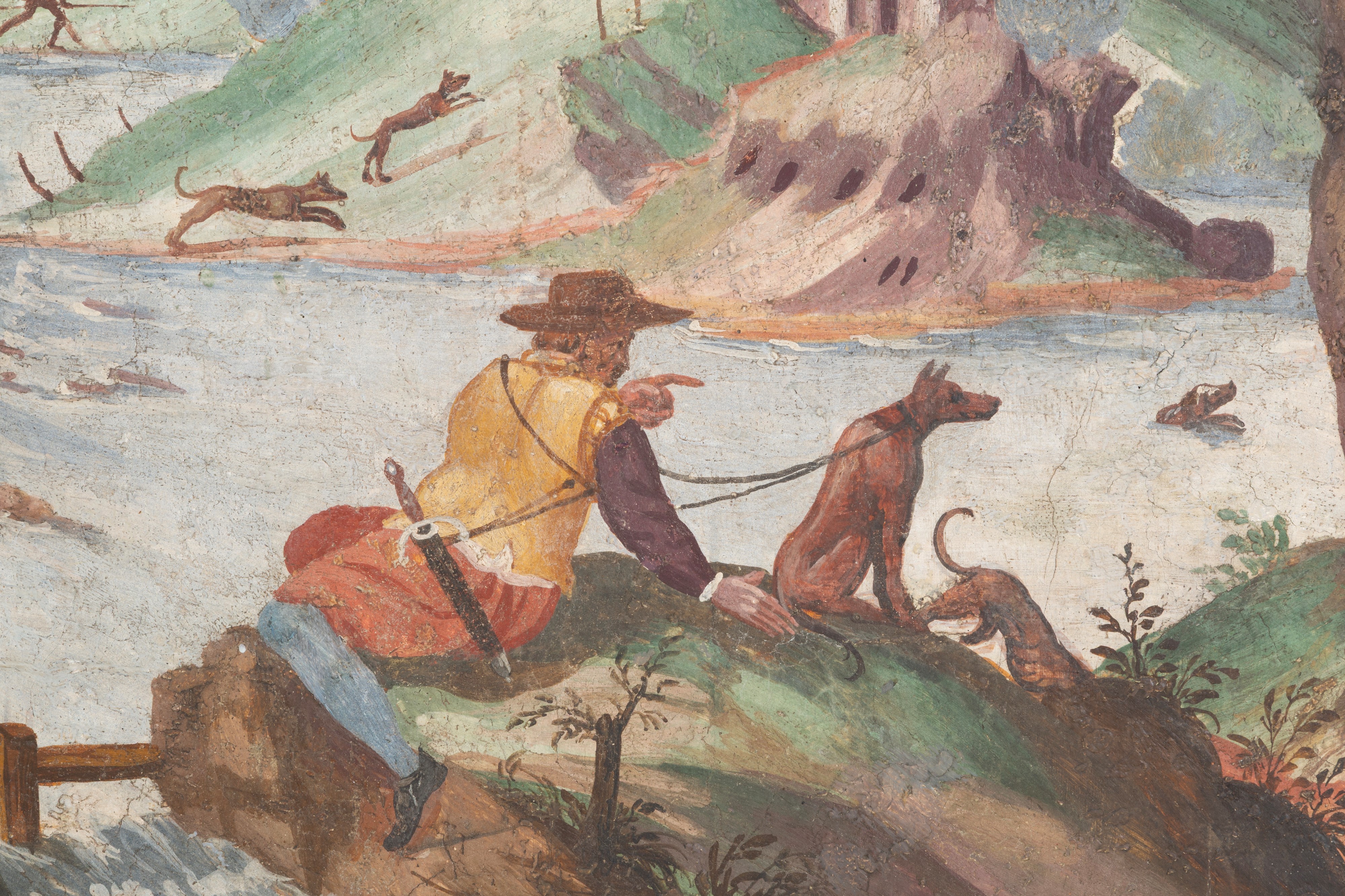 Autore sconosciuto, Paesaggio con cacciatori, tempera su tela