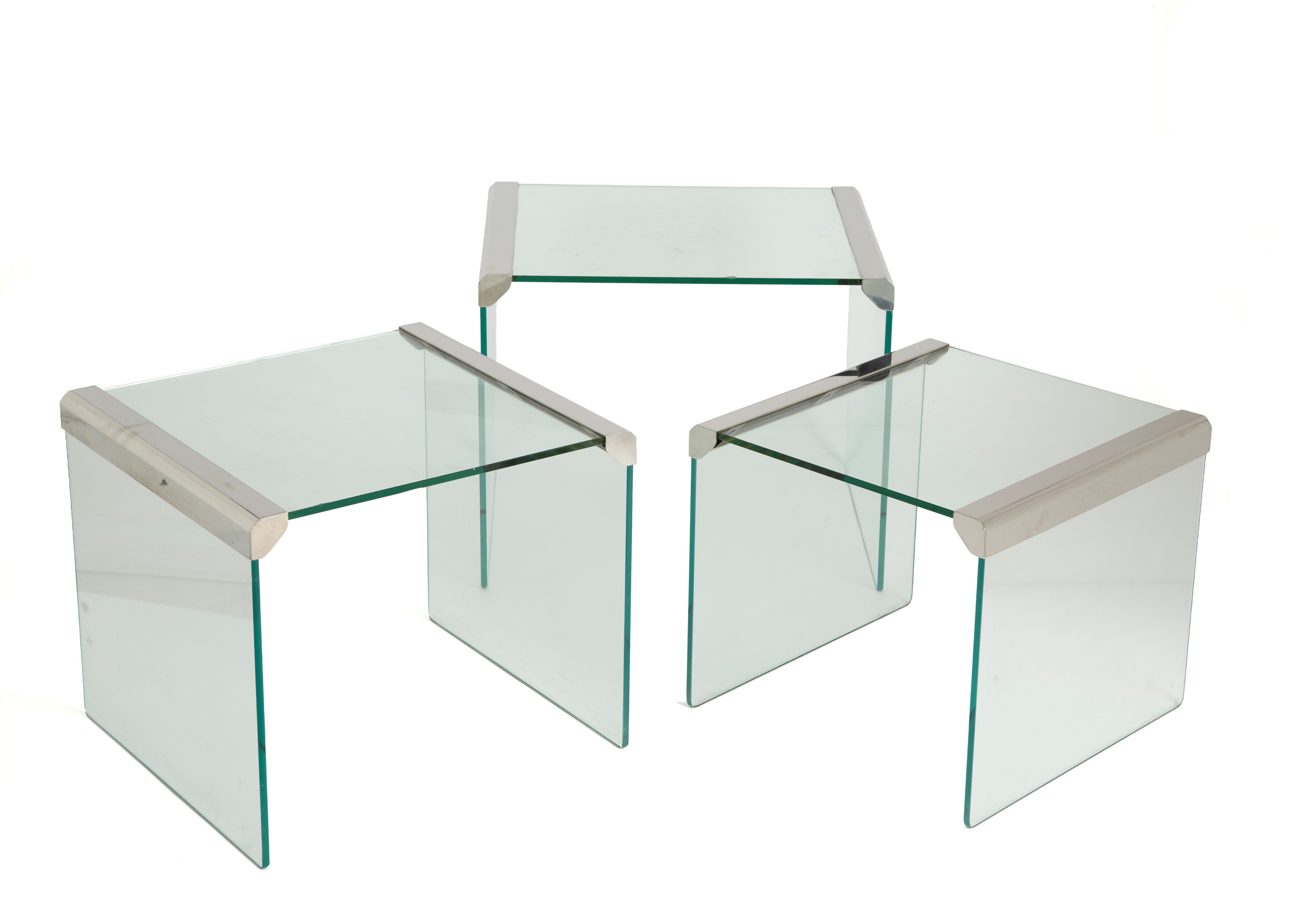 Gallotti & Radice, Tre tavolini a nido in cristallo e ottone nichelato