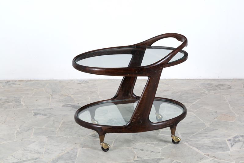 Carrello a vassoio, legno curvato e piani in vetro, Inizi XX secolo