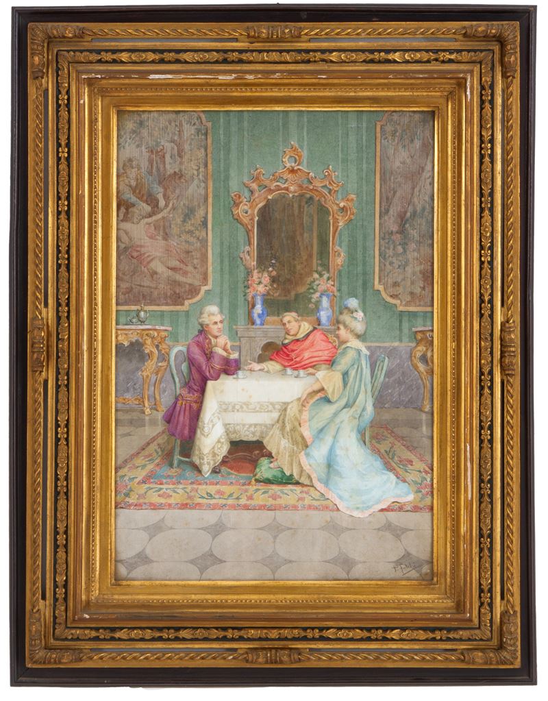 Paolo Folchi - Scena di interno con figure, acquerello su carta