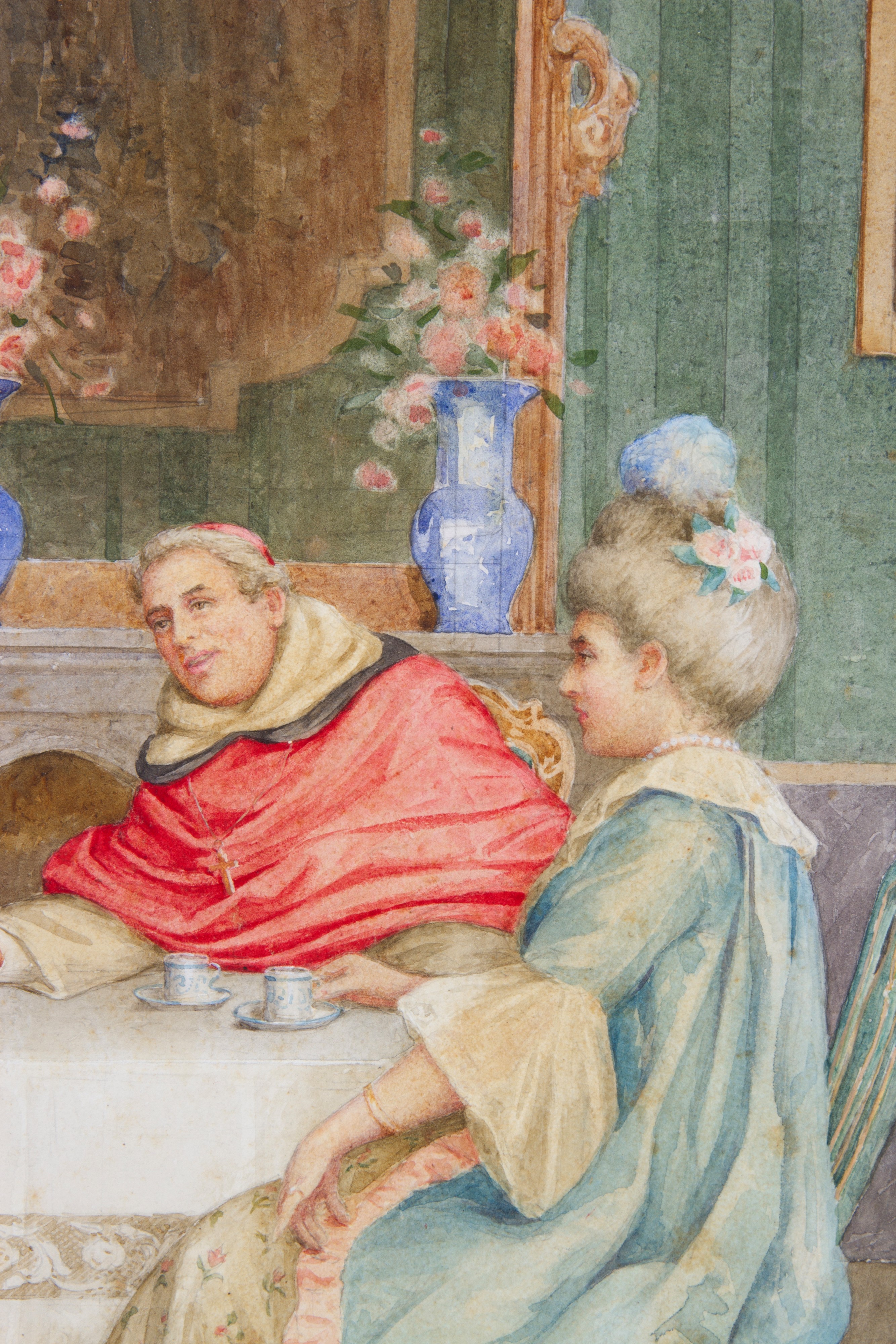Paolo Folchi - Scena di interno con figure, acquerello su carta