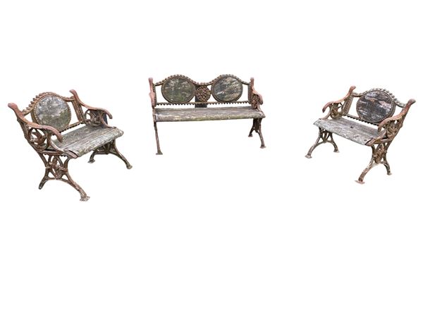 Cast iron bench and armchairs