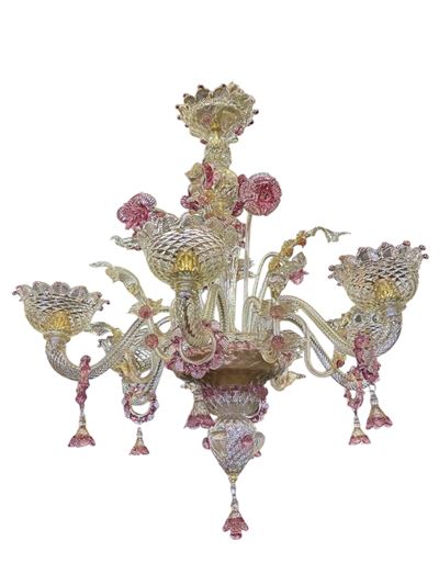Lampadario, Sei luci in vetro di Murano con decorazioni rosa