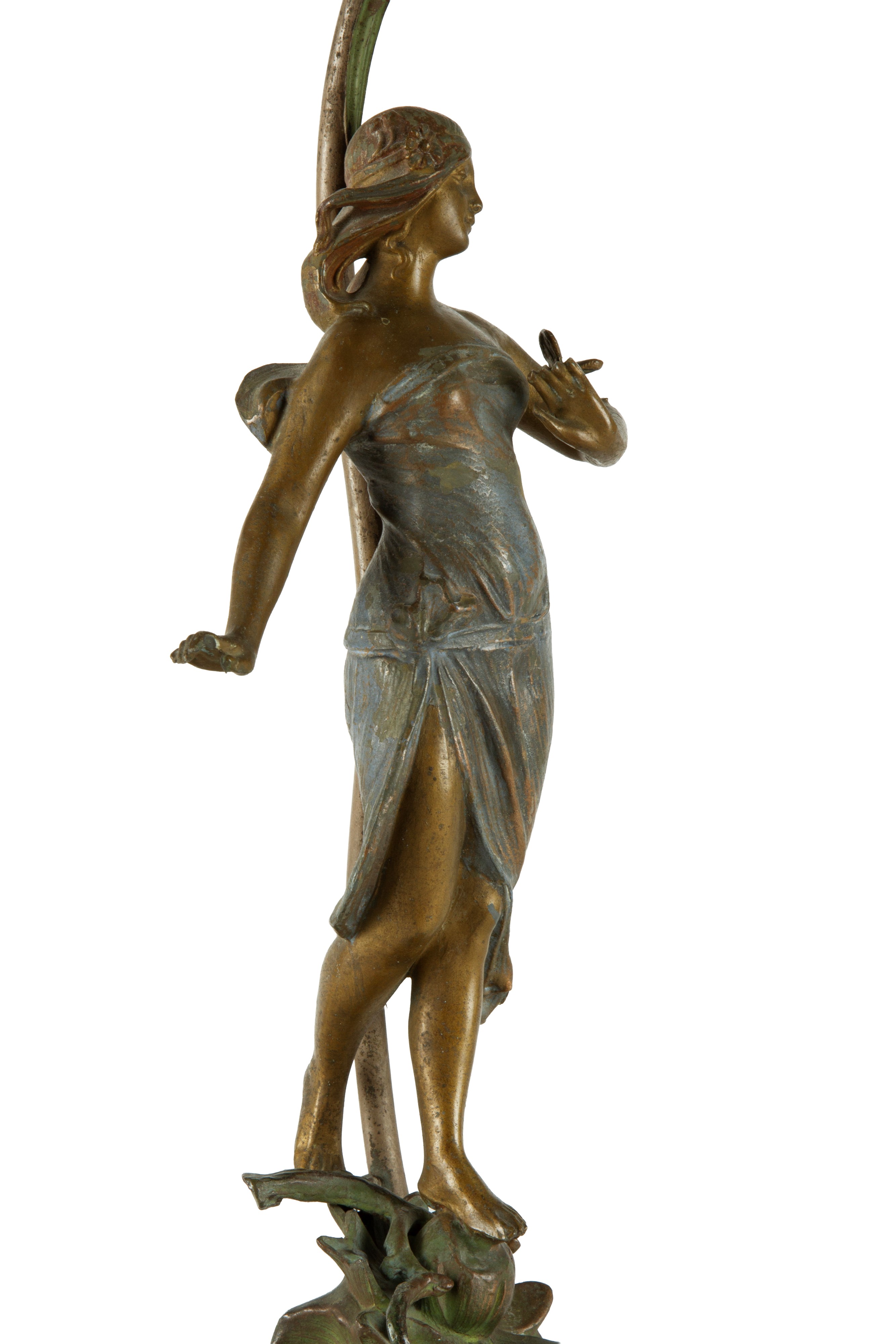 Lampada da tavolo in antimonio con figura femminile e paralume in vetro, XX secolo