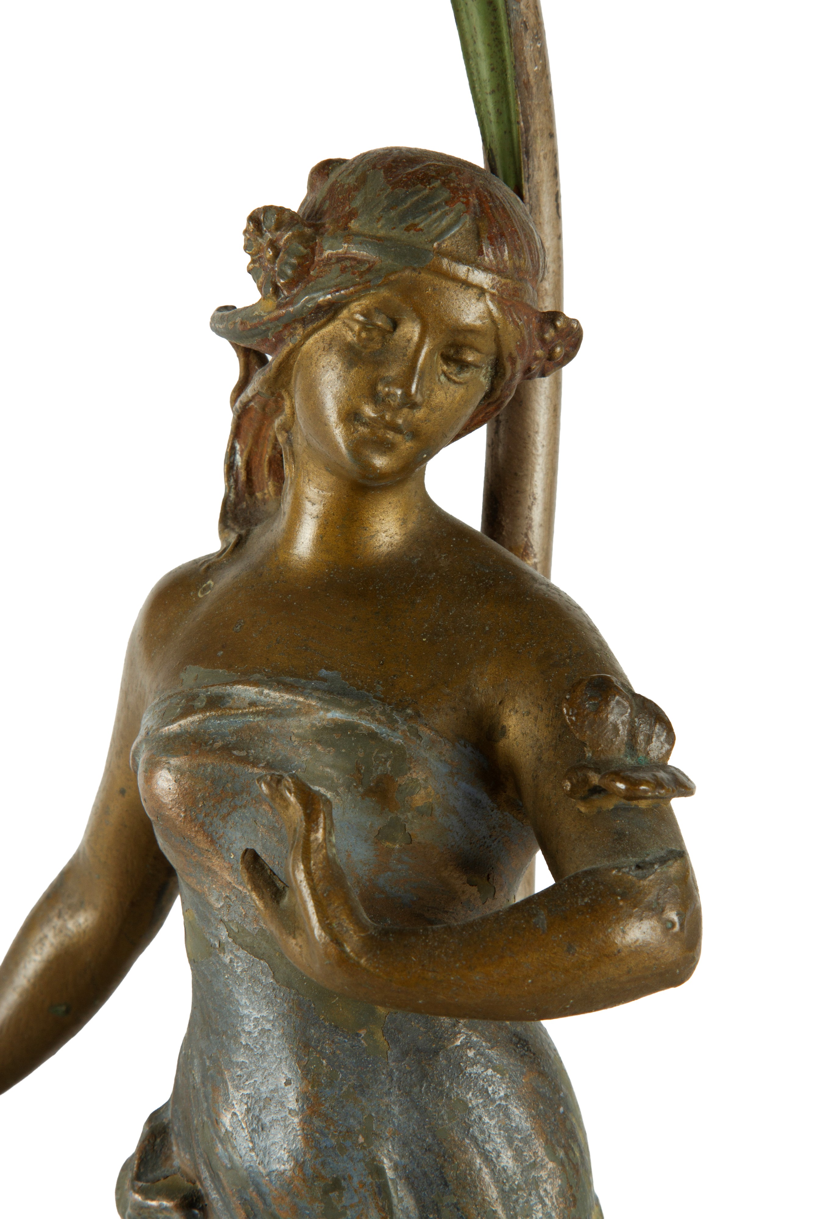 Lampada da tavolo in antimonio con figura femminile e paralume in vetro, XX secolo