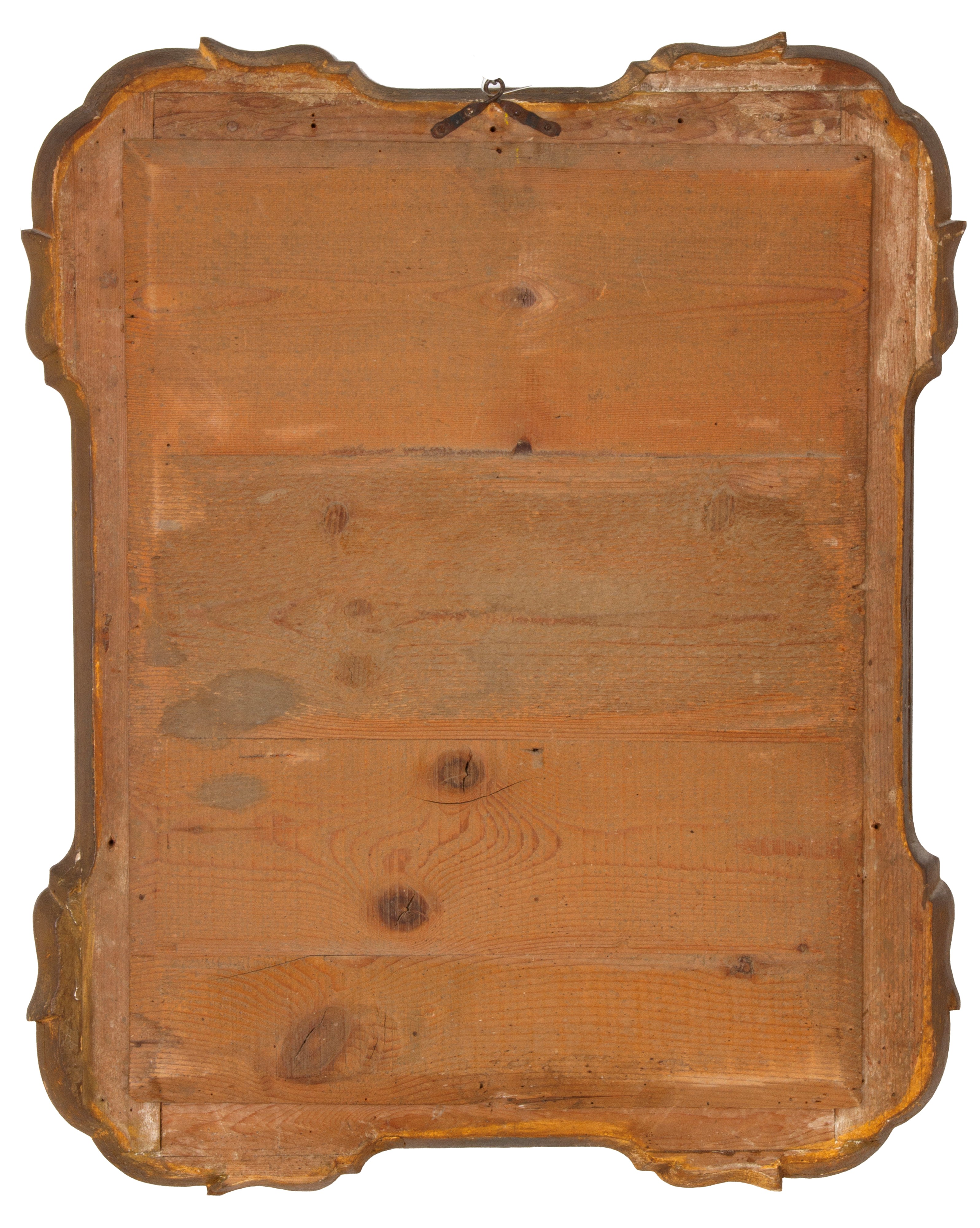 Cornice a vassoio in legno pirografato e dorato con specchio, XIX secolo