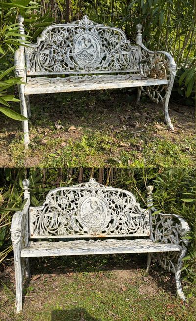 Coppia di panchine in ghisa, Art Nouveau, dimensioni 85x105x50 cm ca.