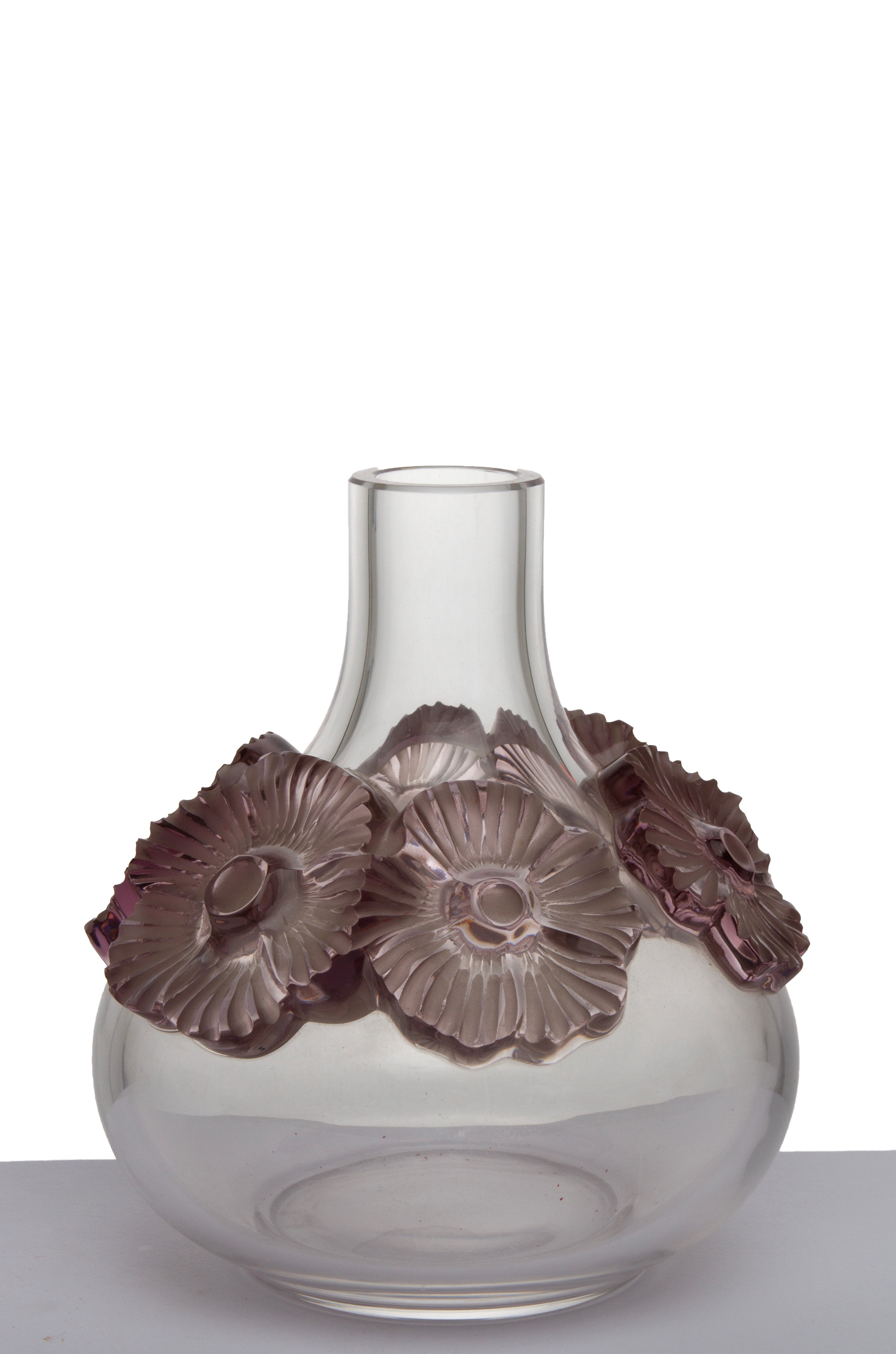 LALIQUE, Vaso in vetro con decorazione floreale in rilievo