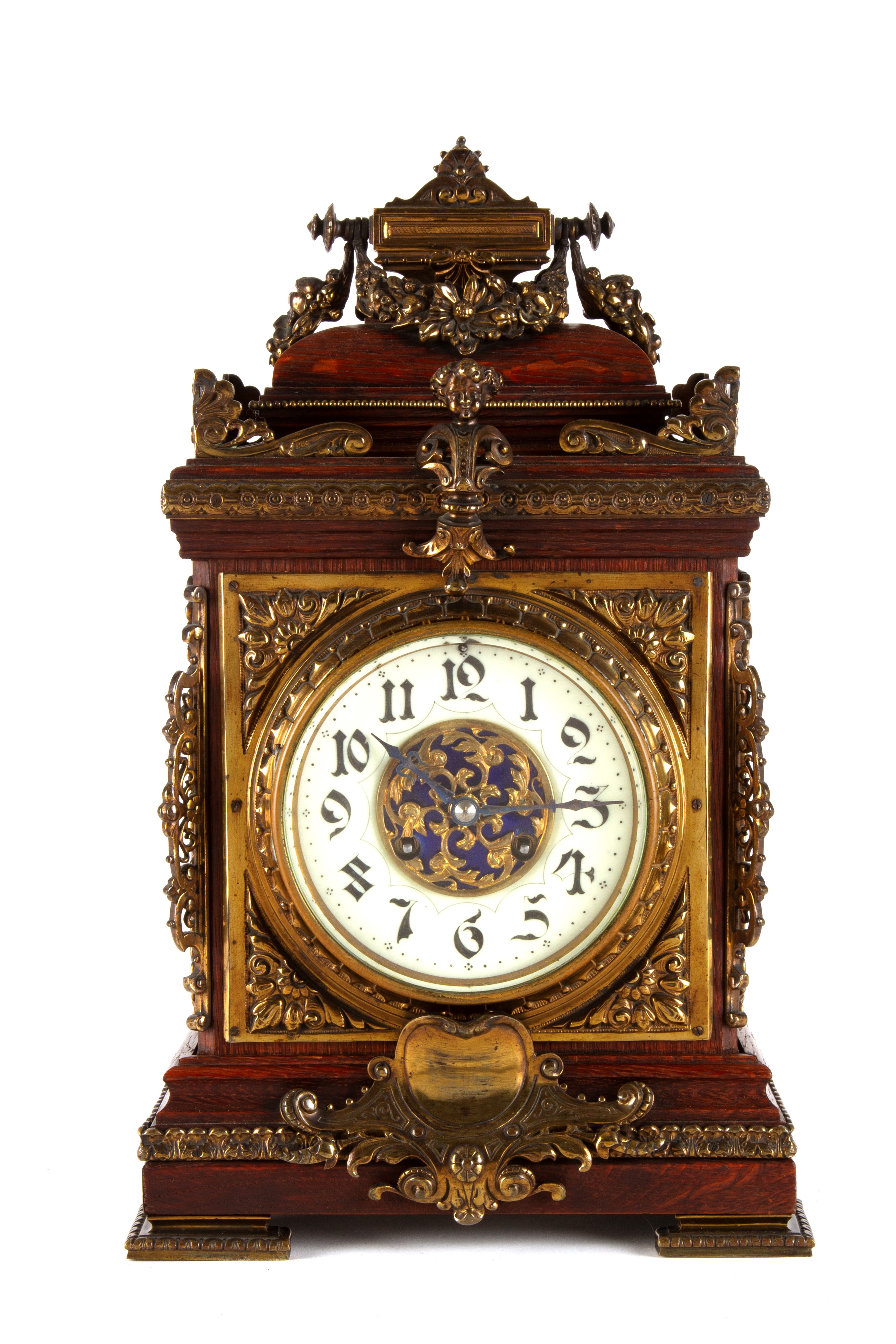 Orologio in legno e bronzo, decorazioni e guarnizioni in metallo, XX secolo