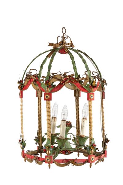 Lampadario a gazebo, tre luci, XIX secolo, lamierino laccato