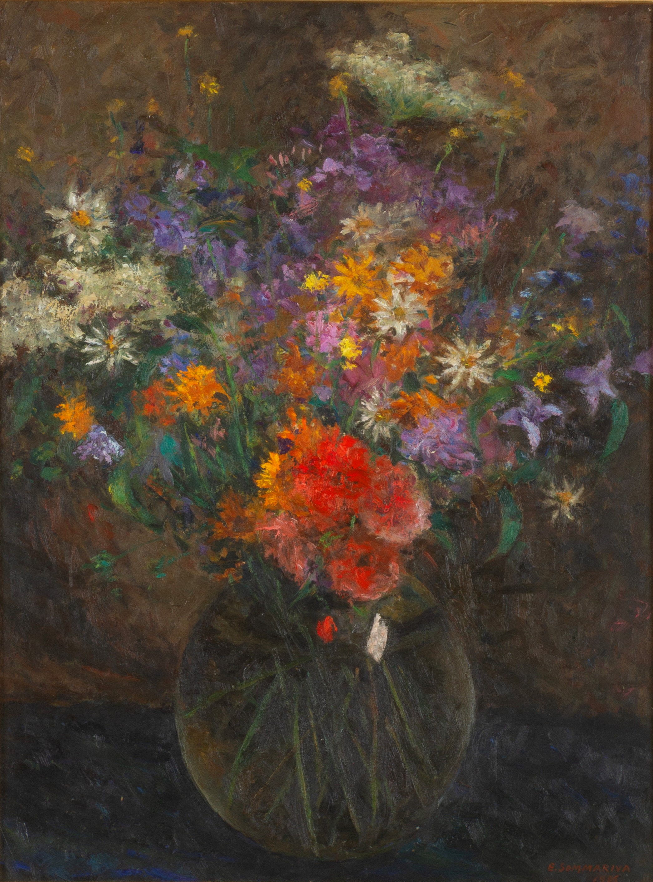 Emilio Sommariva - Vaso di fiori, olio su tavoletta, 1956