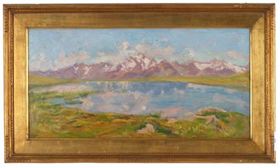 Veduta di lago, olio su cartoncino