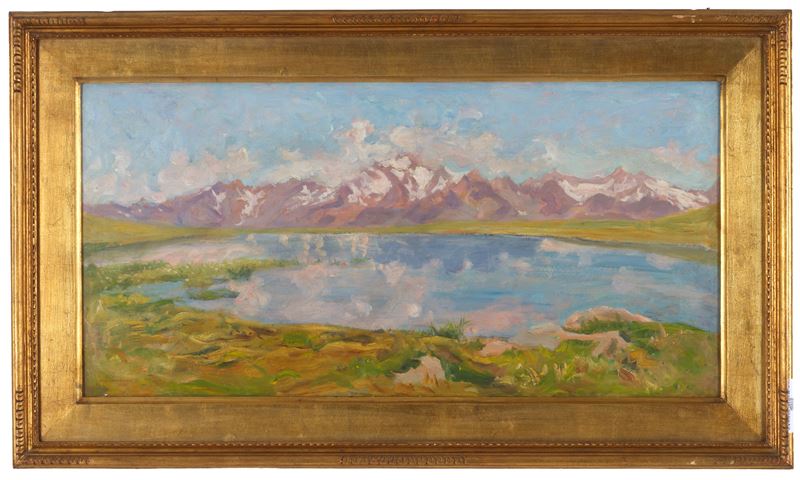 Emilio Sommariva - Veduta di lago, olio su cartoncino