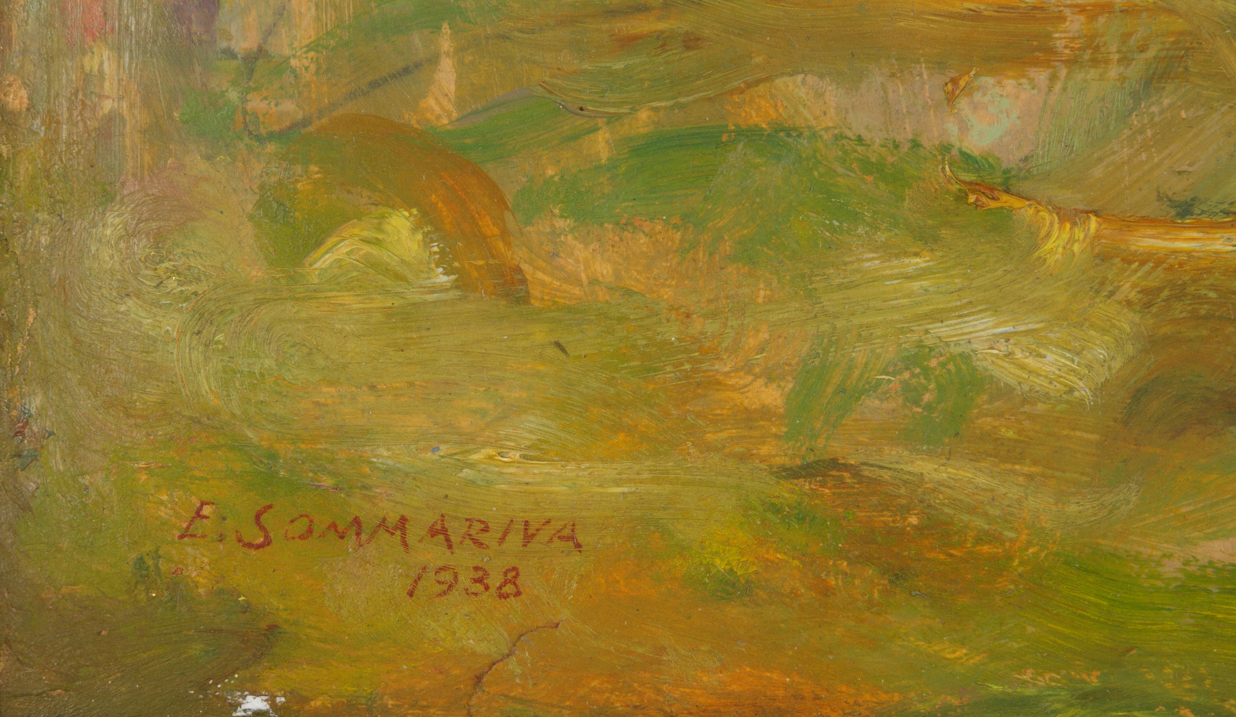Emilio Sommariva - Veduta di lago, olio su cartoncino
