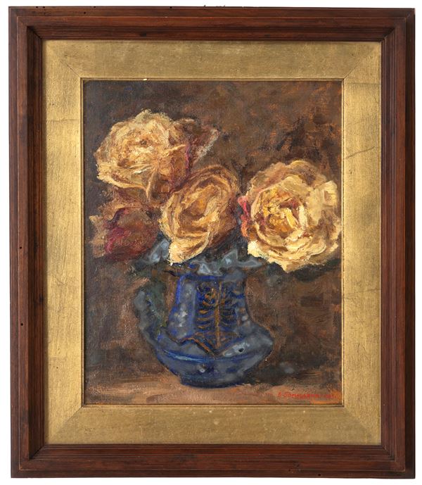 EMILIO SOMMARIVA - Painting "VASE OF YELLOW ROSES"