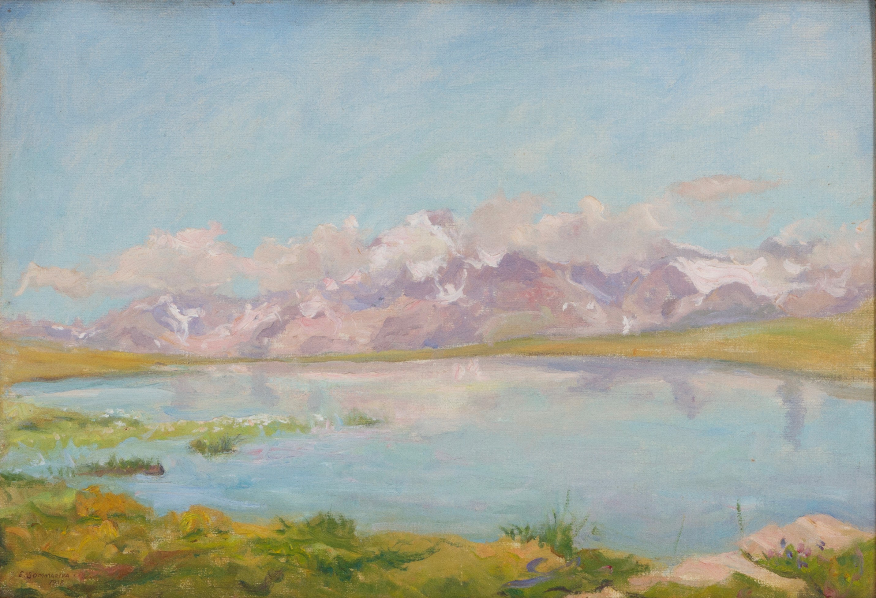 Emilio Sommariva - Veduta di lago, olio su cartoncino (1938 circa)